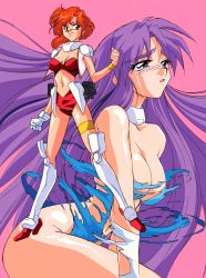Rule 34 | 2girls, :o, blue eyes, boots, breasts, crying, crying with eyes open, dissolving clothes, gloves, green eyes, highres, large breasts, long hair, medium breasts, multiple girls, navel, official art, pink background, purple hair, red hair, simple background, single glove, tears, thigh boots, thigh strap, thighhighs, viper