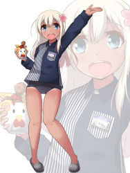 Rule 34 | 10s, 1girl, blonde hair, blue eyes, box, chicken (food), employee uniform, flower, food, hair flower, hair ornament, hibiscus, id card, kantai collection, lawson, long hair, one-piece swimsuit, one-piece tan, open mouth, ro-500 (kancolle), sandals, school swimsuit, solo, swimsuit, swimsuit under clothes, tan, tanline, teeth, uniform, waving, yukimi unagi, zoom layer