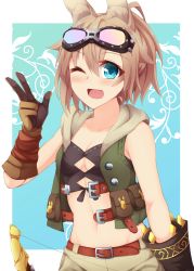Rule 34 | 1girl, absurdres, animal ear fluff, animal ears, belt, black shirt, blue background, blue eyes, border, bow (weapon), breasts, brown belt, brown gloves, brown hair, brown shorts, crop top, etrian odyssey, gloves, goggles, goggles on head, green hoodie, highres, holding, holding bow (weapon), holding weapon, hood, hood down, hoodie, hound (sekaiju), kemonomimi mode, kuzukiri (riezenagel), looking at viewer, navel, one eye closed, open clothes, open hoodie, open mouth, outside border, ria (kuzukiri), shirt, short hair, shorts, small breasts, smile, solo, standing, w, weapon, white border