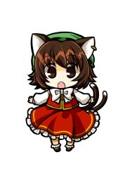 Rule 34 | 1girl, :o, animal ears, brown eyes, brown hair, cat ears, cat girl, cat tail, chen, chibi, earrings, female focus, full body, hat, jewelry, multiple tails, open mouth, outstretched arms, short hair, socha, solo, spread arms, tail, touhou, transparent background