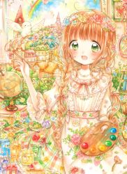 Rule 34 | 1girl, absurdres, balloon, bird, blunt bangs, blush, book, bow, braid, brown hair, crayon, dress, globe, green eyes, head wreath, highres, holding, holding paintbrush, holding palette, jewelry, kotori hana, lace, long hair, marker (medium), necklace, open mouth, original, paintbrush, palette (object), patterned clothing, ribbon, smile, traditional media, twin braids