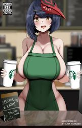 Rule 34 | 1girl, alternate breast size, apron, artist name, astraea (atelierastraea), asymmetrical hair, bare shoulders, barista, bird mask, blurry, blurry background, blush, breasts, cleavage, collarbone, commentary, counter, covered navel, cup, disposable cup, embarrassed, english commentary, genshin impact, green apron, groin, highres, holding, holding cup, huge breasts, iced latte with breast milk (meme), indoors, kujou sara, mask, mask on head, meme, menu, naked apron, no bra, no panties, open mouth, reflection, short hair, solo, standing, swept bangs, tengu mask, v-shaped eyebrows, yellow eyes