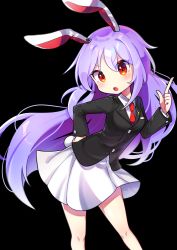 Rule 34 | :o, absurdres, animal ears, bare legs, black background, black jacket, blazer, buttons, crescent, crescent pin, feet out of frame, highres, jacket, leaning forward, light purple hair, long hair, long sleeves, looking at viewer, miniskirt, necktie, offbeat, orange eyes, purple hair, rabbit ears, rabbit tail, red necktie, reisen udongein inaba, shirt, simple background, skirt, solo, tail, touhou, very long hair, white shirt, white skirt