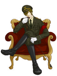 Rule 34 | 10s, 1boy, armband, armchair, bad id, bad pixiv id, boots, brown hair, chair, crossed legs, free!, full body, gloves, green eyes, hair over one eye, hat, highres, male focus, military, military uniform, open mouth, peaked cap, red upholstery, riding crop, short hair, simple background, sitting, tachibana makoto, uniform, white background, white gloves