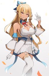 Rule 34 | 1girl, absurdres, bare shoulders, blonde hair, bow, bowtie, breasts, cleavage, commentary request, cowboy shot, dark-skinned female, dark elf, dark skin, detached sleeves, elf, gloves, hair between eyes, high ponytail, highres, hololive, large breasts, long hair, multicolored hair, orange eyes, pleated skirt, pointy ears, ponytail, seino (sasakike1305), shiranui flare, shiranui flare (1st costume), shirt, sidelocks, skirt, smile, solo, standing, streaked hair, teeth, thighhighs, thighs, v, virtual youtuber, white gloves, white hair, white shirt, white skirt, white thighhighs