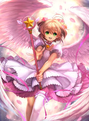 Rule 34 | 1990s (style), 1girl, :d, angel wings, brown hair, cardcaptor sakura, choker, dress, feathered wings, feathers, green eyes, highres, hoshi no tsue, kinomoto sakura, kudo kunugi, looking at viewer, open mouth, outstretched arms, petals, petticoat, pink ribbon, puffy short sleeves, puffy sleeves, retro artstyle, ribbon, short sleeves, single thighhigh, smile, solo, star (symbol), teeth, thighhighs, two side up, wand, white dress, white thighhighs, white wings, wings