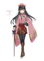 Rule 34 | 1girl, adapted costume, alternate costume, bad id, bad pixiv id, black hair, black pantyhose, blunt bangs, boots, brown footwear, cane, character name, cross-laced footwear, ekita kuro, full body, hat, highres, houraisan kaguya, lace-up boots, looking at viewer, miniskirt, pantyhose, pink hat, simple background, skirt, smile, solo, standing, touhou, white background, yellow eyes