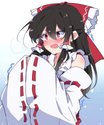 Rule 34 | 1girl, blue background, bow, brown hair, cold, detached sleeves, hair bow, hakurei reimu, highres, ichimura kanata, jacket, nontraditional miko, red bow, red eyes, red jacket, sleeveless, sleeveless jacket, snowing, solo, touhou, trembling, white sleeves