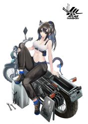 Rule 34 | 1girl, absurdres, animal ear fluff, animal ears, bandeau, bare shoulders, black footwear, black hair, black pants, breasts, cat ears, cat tail, cleavage, commentary request, eugle na, highres, knee up, large breasts, long hair, midriff, motor vehicle, motorcycle, navel, original, pants, parted lips, ponytail, pouch, shoes, sidelocks, simple background, sitting, solo, stomach, sunglasses, tail, white background, wrench