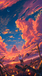 Rule 34 | 1girl, absurdres, ascot, black skirt, black socks, blue sky, blurry, blurry foreground, brown hair, character request, cityscape, cloud, cloudy sky, copyright request, crescent moon, cumulonimbus cloud, evening, floating, highres, leg up, moon, mountainous horizon, orange sky, outdoors, pleated skirt, red ascot, scenery, school uniform, shirt, shoes, short sleeves, shuu illust, skirt, sky, socks, solo, unworn shoes, white shirt