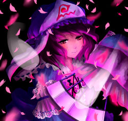 Rule 34 | 1girl, alice (afternoon gleam), hand fan, female focus, folding fan, ghost, hat, japanese clothes, kimono, petals, pink hair, plant, ribbon, saigyouji yuyuko, short hair, smile, solo, touhou
