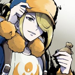 Rule 34 | 1boy, ayo (ayosanri009), blonde hair, commentary request, creatures (company), fur collar, game freak, green eyes, grey background, hair over one eye, hands up, hat, holding, long sleeves, looking down, male focus, nintendo, orange hat, parted lips, pokemon, pokemon legends: arceus, solo, strap, upper body, volo (pokemon)