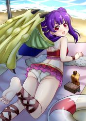 Rule 34 | 1girl, ass, beach, bikini, day, dragon wings, fire emblem, fire emblem: the sacred stones, highres, innertube, looking back, lying, multi-tied hair, myrrh (fire emblem), nintendo, on stomach, open mouth, purple hair, red eyes, solo, swim ring, swimsuit, the-sinner, twintails, water, wings, wristband