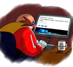 1boy bald clarissa_arts computer computer_keyboard cup dr._eggman facial_hair glasses gloves highres male_focus monitor mug mustache panasonic_corporation solo sonic_(series) sonic_the_hedgehog sonic_the_hedgehog_(classic) teeth white_gloves