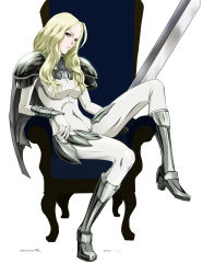 Rule 34 | 1girl, absurdres, ahoge, armor, armored boots, artist name, blonde hair, blue eyes, bodysuit, boots, cape, chair, claymore (series), coin nemu., collaboration, colorized, covered navel, cross, faulds, from side, full body, gloves, greaves, grey footwear, high heel boots, high heels, highres, holding, holding weapon, huge filesize, knee boots, knee up, long hair, looking at viewer, armored boots, mole, mole under eye, parted lips, pauldrons, robin gi, shoulder armor, simple background, sitting, smile, solo, sword, teresa, turtleneck, vambraces, weapon, white background