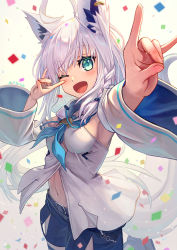 Rule 34 | 1girl, :d, ;d, ahoge, animal ear fluff, animal ears, aqua eyes, aqua neckerchief, armpits, belt, black belt, black shorts, blush, braid, breasts, commentary request, confetti, cowboy shot, dated, detached sleeves, double fox shadow puppet, drawstring, ear piercing, fox ears, fox shadow puppet, fox tail, hair between eyes, happy, highres, hololive, hood, hood down, long hair, looking at viewer, medium breasts, navel, neckerchief, one eye closed, open mouth, partially unbuttoned, piercing, ponytail, sakumichi, shirakami fubuki, shirakami fubuki (1st costume), shirt, short shorts, shorts, side braid, sidelocks, signature, simple background, sleeveless, sleeveless shirt, smile, solo, standing, standing on one leg, tail, underboob, virtual youtuber, white background, white hair, white shirt, white sleeves, wide sleeves