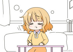 Rule 34 | 1girl, bed, blonde hair, blush, center frills, closed eyes, closed mouth, collared dress, commentary request, curtains, dress, facing viewer, frills, gochuumon wa usagi desu ka?, holding, holding pencil, indoors, kirima syaro, long sleeves, mitya, pencil, puffy long sleeves, puffy sleeves, saliva, sleepy, sleeves past wrists, solo, twitter username, wavy mouth, yellow dress