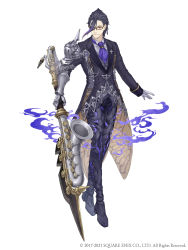 Rule 34 | 1boy, absurdres, ascot, formal, full body, gauntlets, glasses, gloves, hair slicked back, hameln (sinoalice), highres, holding, holding instrument, holding weapon, instrument, ji no, long coat, looking at viewer, official art, purple hair, red eyes, saxophone, silver trim, single gauntlet, single glove, sinoalice, solo, square enix, suit, sword, weapon, white background, white gloves