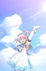 Rule 34 | 1girl, arm up, armpits, blue hairband, blue ribbon, blue sailor collar, blue sky, blue thighhighs, cloud, day, dress, elbow gloves, gloves, green eyes, hair ribbon, hairband, kanonno earhart, looking at viewer, mishiro (andante), neck ribbon, one side up, outdoors, pink hair, ribbon, sailor collar, short dress, short hair, sky, sleeveless, sleeveless dress, solo, standing, tales of (series), tales of the world radiant mythology 2, thighhighs, white dress, white gloves