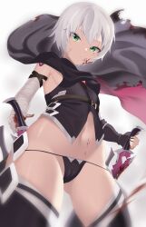 Rule 34 | 1girl, absurdres, arm belt, bandaged arm, bandages, black panties, blood, blood on face, breasts, cameltoe, dagger, dual wielding, facial scar, fate/apocrypha, fate/grand order, fate (series), gloves, green eyes, highres, holding, holding dagger, holding knife, holding weapon, jack the ripper (fate/apocrypha), knife, looking at viewer, lowleg, lowleg panties, midriff, navel, oxygen mask (oxygenmask233), panties, scar, scar across eye, scar on cheek, scar on face, shiny skin, short hair, shoulder tattoo, single glove, small breasts, solo, tattoo, thighhighs, thighs, underwear, weapon, white background, white hair