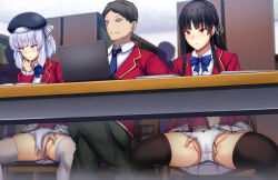 Rule 34 | 1boy, 2girls, advanced nurturing high school uniform, beret, black hair, black pants, black thighhighs, blazer, blue necktie, bow, bow panties, censored, closed mouth, clothes lift, collared shirt, commentary request, computer, crossed legs, daiaru, double fingering, faceless, faceless male, fingering, fingering through clothes, fingering through panties, garter straps, grey eyes, grey hair, groin, hair ribbon, hand up, hat, hetero, horikita suzune, indoors, jacket, laptop, library, light blush, long hair, long sleeves, mosaic censoring, motion lines, multiple girls, necktie, on chair, panties, pants, pleated skirt, public indecency, pussy, pussy juice, red eyes, red jacket, ribbon, sakayanagi arisu, school uniform, shirt, short hair, sitting, skirt, skirt lift, smile, spread legs, stealth fingering, thighhighs, through clothes, underwear, white panties, white ribbon, white shirt, white skirt, white thighhighs, youkoso jitsuryoku shijou shugi no kyoushitsu e