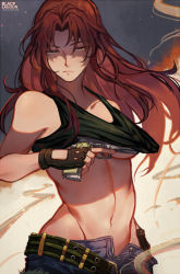 Rule 34 | 1girl, bare shoulders, belt, black gloves, black lagoon, black tank top, breasts, brown hair, commentary request, denim, denim shorts, fingerless gloves, gloves, gun, hair down, handgun, holding, holding gun, holding weapon, long hair, looking at viewer, march ab, medium breasts, midriff, navel, pistol, revy (black lagoon), shorts, solo, tank top, toned, unbuttoned, underboob, weapon, yellow eyes