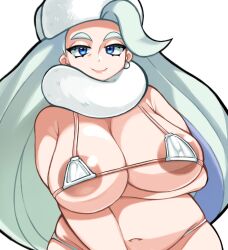 Rule 34 | 1girl, aqua hair, areola slip, arm across chest, bikini, blue eyes, breasts, cleavage, closed mouth, creatures (company), dark areolae, earrings, fur hat, game freak, hat, highres, huge breasts, jewelry, lips, long hair, looking at viewer, mature female, melony (pokemon), micro bikini, navel, nintendo, paperrose, plump, pokemon, pokemon swsh, scarf, simple background, solo, swimsuit, thick eyebrows, upper body, ushanka, white background, white bikini, white scarf