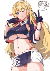 Rule 34 | 2girls, ;), absurdres, azur lane, black gloves, black jacket, blonde hair, blue eyes, blush, breasts, character request, check character, chibi, chibi inset, closed mouth, clothing cutout, commentary, cosplay, crop top, cropped jacket, gloves, hairband, half gloves, heart, highres, jacket, large breasts, long hair, looking at viewer, moyoron, multiple girls, navel, north carolina (azur lane), one eye closed, panties, prinz eugen (azur lane), prinz eugen (azur lane) (cosplay), prinz eugen (final lap) (azur lane), red panties, simple background, skirt, smile, solo focus, standing, underboob, underboob cutout, underwear, unfinished, very long hair, white background, white hairband, white skirt