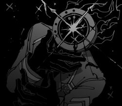 Rule 34 | 1other, blood, clock, dante (limbus company), facing up, fire, gloves, greyscale, hands up, highres, limbus company, long sleeves, maskv, monochrome, object head, project moon, simple background, solo, star (sky), wing collar