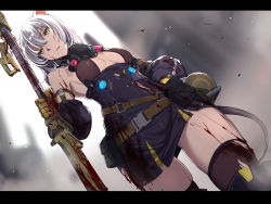 Rule 34 | 1girl, animal ears, arknights, blood, blood splatter, breasts, brown thighhighs, cleavage, dutch angle, highres, holding, holding sword, holding weapon, letterboxed, mouse ears, mouse tail, nagioka, scavenger (arknights), sideboob, silver hair, small breasts, solo, sword, tail, thighhighs, weapon, white background, yellow eyes
