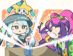 Rule 34 | 2girls, :d, ?, blonde hair, blue eyes, blue hair, blue headwear, blush stickers, bright pupils, clueless, coat, commentary request, creatures (company), furrowed brow, game freak, gen 3 pokemon, gen 8 pokemon, gloves, green coat, grey coat, hat, hatsune miku, highres, jirachi, legendary pokemon, light blue hair, long hair, long sleeves, multicolored coat, multicolored eyes, multicolored hair, multiple girls, mythical pokemon, nintendo, open clothes, open coat, open mouth, outline, outstretched arm, pink eyes, pink gloves, pink hair, poison miku (project voltage), pokemon, pokemon (creature), project voltage, purple coat, purple hair, sandogasa, sizimaiwanu, smile, speech bubble, spoken question mark, steel miku (project voltage), tanzaku, toxtricity, toxtricity (amped), twintails, vocaloid, white outline, white pupils, yellow eyes