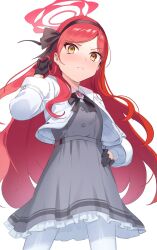 Rule 34 | 1girl, black gloves, blue archive, blush, breasts, brooch, closed mouth, cropped jacket, dress, gloves, grey dress, hairband, highres, jacket, jewelry, kakumayu, long hair, long sleeves, neck ribbon, open clothes, open jacket, red hair, ribbon, small breasts, solo, swept bangs, takane (blue archive), white jacket, yellow eyes