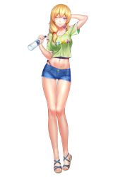 Rule 34 | 1girl, absurdres, alcohol, arm behind head, arm up, bare legs, blonde hair, blue eyes, blue shorts, bottle, breasts, clothes writing, clothing cutout, collarbone, crop top, crop top overhang, denim, denim shorts, full body, green shirt, hair over shoulder, highleg, highres, holding, holding bottle, large breasts, long hair, long legs, looking at viewer, midriff, moemagic, navel, one eye closed, original, parted lips, sandals, shirt, short shorts, shorts, shoulder cutout, smile, solo, standing, stomach, thighs, transparent background, vodka