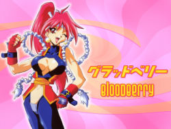 Rule 34 | 1990s (style), 1girl, bare shoulders, bloodberry, breasts, character name, cleavage, earrings, fang, fingerless gloves, gloves, jewelry, lipstick, long hair, makeup, midriff, one eye closed, pink background, pink hair, ponytail, red eyes, retro artstyle, rope, saber marionette j, shimamura hidekazu, solo, spandex, wallpaper, wink