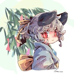 Rule 34 | 1girl, adapted costume, animal ears, bamboo, bright pupils, closed mouth, commentary request, cropped torso, curly hair, floral print, from side, grey kimono, hair up, highres, japanese clothes, jewelry, kimono, light blush, looking at viewer, looking to the side, mame komari, nazrin, necklace, obi, print kimono, red eyes, sash, short ponytail, smile, solo, tanabata, tanzaku, thick eyebrows, touhou, twitter username, upper body, white pupils, yukata