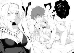 Rule 34 | 1boy, 2girls, abigail williams (fate), absurdres, araki jeccy, blush, bow, breasts, cleavage, commentary, fate/grand order, fate (series), forehead, fujimaru ritsuka (male), greyscale, hair bow, hetero, highres, long hair, lying, monochrome, multiple girls, nipples, nun, on bed, on stomach, open mouth, panicking, prone bone, sessyoin kiara, sex, sex from behind, small breasts, sweat, teeth, ts