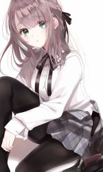 Rule 34 | 1girl, black footwear, black pantyhose, black ribbon, blush, braid, brown hair, collared shirt, commentary request, dress shirt, green eyes, grey skirt, hair between eyes, hair ribbon, highres, knee up, loafers, long hair, long sleeves, looking at viewer, misumi (macaroni), neck ribbon, open clothes, open skirt, original, pantyhose, parted lips, plaid, plaid skirt, pleated skirt, ribbon, shirt, shoes, unworn shoes, sitting, skirt, solo, white shirt