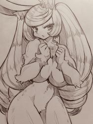Rule 34 | 1girl, animal ear fluff, animal ears, body fur, breasts, commentary request, completely nude, copyright request, furry, furry female, highres, large breasts, long hair, looking at viewer, mitsuba-sama (milkba-ng), monochrome, nude, rabbit ears, rabbit girl, rabbit tail, sketch, solo, tail, thighs, twintails