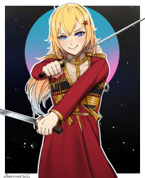 Rule 34 | 1girl, artist name, blonde hair, blue eyes, blush, closed mouth, commentary, commission, cossack, darkpulsegg, english commentary, girls&#039; frontline, hair ornament, holding, holding sword, holding weapon, lips, long hair, looking at viewer, moon, mosin-nagant (girls&#039; frontline), red uniform, saber (weapon), shashka, simple background, smile, solo, standing, star (symbol), star hair ornament, sword, uniform, weapon