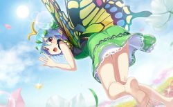 Rule 34 | 1girl, antennae, artist request, ass, bare arms, bare legs, bare shoulders, barefoot, black shirt, blue hair, blue sky, butterfly wings, cloud, day, dutch angle, eternity larva, feet out of frame, flower, from behind, green skirt, hand up, insect wings, leaf, leaf on head, looking back, miniskirt, outdoors, petals, petticoat, red eyes, shirt, short hair, skirt, sky, sleeveless, sleeveless shirt, solo, sun, thighs, touhou, touhou cannonball, white flower, wings