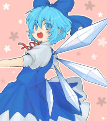 Rule 34 | 1girl, :d, blouse, blue hair, bow, cirno, dress, hair between eyes, hair bow, ice, ice wings, open mouth, pinafore dress, shirt, short hair, sleeveless dress, smile, solo, tokoroten-hoihoi, touhou, white shirt, wings