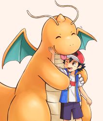 Rule 34 | 1boy, ;d, ash ketchum, baseball cap, black hair, blue jacket, brown eyes, commentary request, creatures (company), dragonite, game freak, gen 1 pokemon, hat, highres, hug, hug from behind, jacket, male focus, nintendo, one eye closed, open mouth, pokemon, pokemon (anime), pokemon (creature), pokemon journeys, red headwear, ryusei0402, shirt, short hair, short sleeves, shorts, sleeveless, sleeveless jacket, smile, spiked hair, t-shirt, teeth, tongue, tongue out, upper teeth only, white shirt