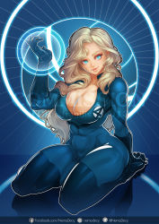 Rule 34 | 1girl, absurdres, alternate breast size, artist request, ass, belt, blonde hair, blue bodysuit, blue eyes, bodysuit, boots, breasts, cleavage, fantastic four, gloves, gradient background, highres, large breasts, lips, long hair, looking to the side, marvel, shiny clothes, sitting, skin tight, smile, solo, sue storm, susan storm, very long hair, wide hips