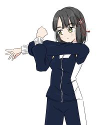 Rule 34 | 1girl, black hair, black jacket, black pants, blunt bangs, blunt ends, blush, clenched hand, closed mouth, commentary, cowboy shot, flower, flower knot, green eyes, hair flower, hair ornament, highres, jacket, link! like! love live!, llkapital, looking to the side, love live!, momose ginko, outstretched arm, pants, short hair, simple background, solo, stretching, track jacket, track pants, track suit, virtual youtuber, white background