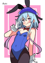 Rule 34 | 1boy, :&gt;, :p, absurdres, animal ears, arknights, artist name, beret, black pantyhose, blue hair, blue hat, blue leotard, blush, border, bright pupils, commentary, crossdressing, fake animal ears, gloves, hat, hendra, highres, inset border, leotard, male focus, mizuki (arknights), multicolored hair, ok sign, pantyhose, pink background, pink hair, playboy bunny, purple hair, rabbit ears, rabbit tail, short hair with long locks, sidelocks, solo, tail, tongue, tongue out, two-tone hair, white background, white gloves, white pupils, white wrist cuffs, wrist cuffs