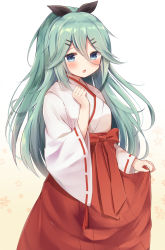 Rule 34 | 10s, 1girl, alternate costume, bad id, bad nicoseiga id, black ribbon, blue eyes, blush, chestnut mouth, clothes lift, dress, dress lift, floral background, gradient background, green hair, hair between eyes, hair ornament, hair ribbon, hairclip, hakama, hakama skirt, hand on own chest, hand up, highres, japanese clothes, kantai collection, kimono, long hair, looking at viewer, masayo (gin no ame), open mouth, ponytail, red hakama, ribbon, ribbon-trimmed sleeves, ribbon trim, simple background, skirt, solo, upper body, white background, wide sleeves, yamakaze (kancolle)