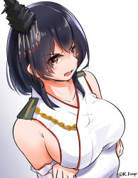 Rule 34 | 1girl, alternate eye color, black hair, breast lift, breasts, brown eyes, crossed arms, detached sleeves, from side, gradient background, hair ornament, highres, kantai collection, large breasts, lingerie (aki3240), nontraditional miko, short hair, sideboob, simple background, solo, twitter username, white background, yamashiro (kancolle)