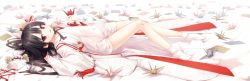 Rule 34 | 1girl, black hair, blush, cura, full body, hachiroku (maitetsu), japanese clothes, long hair, long sleeves, lying, maitetsu, official art, on back, open mouth, origami, paper, red eyes, solo, tabi, too many