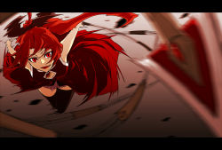 Rule 34 | 10s, 1girl, anime coloring, black thighhighs, ex hien, fang, highres, letterboxed, mahou shoujo madoka magica, mahou shoujo madoka magica (anime), motion blur, polearm, red eyes, red hair, sakura kyoko, solo, spear, thighhighs, weapon