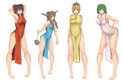 Rule 34 | 4girls, alternate costume, armpits, arms behind head, bare arms, barefoot, bent over, black hair, blonde hair, blue dress, bow, breasts, brown eyes, brown hair, china dress, chinese clothes, cleavage, cleavage cutout, clothing cutout, cookin, covered navel, dress, feet, gourd, green hair, hair bow, hair ornament, hair tubes, hakurei reimu, hand on own hip, highres, horns, ibuki suika, impossible clothes, kazami yuuka, large breasts, long hair, looking at viewer, multicolored hair, multiple girls, no bra, no panties, open mouth, pigeon-toed, red dress, red eyes, short hair, side slit, simple background, sleeveless, sleeveless dress, smile, streaked hair, toramaru shou, touhou, two-tone hair, white background, white dress, yellow dress, yellow eyes